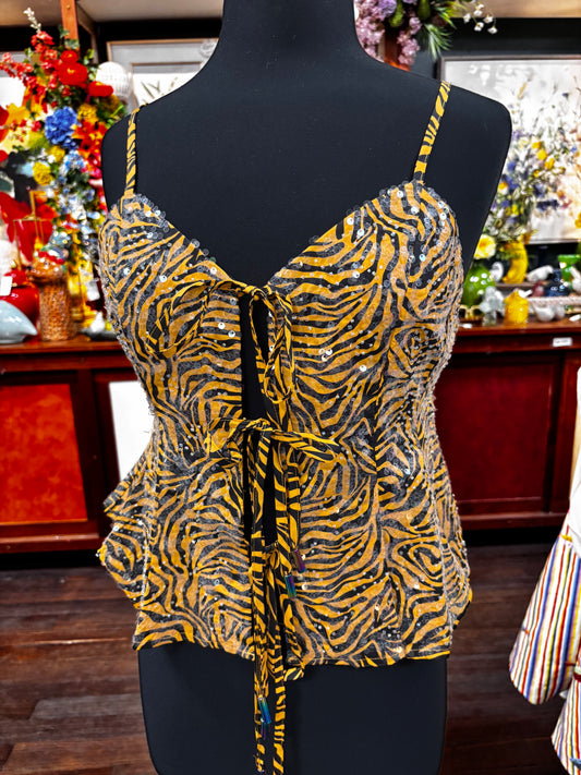 Queen of Sparkles Sequin Tiger Print Tie Up Tank