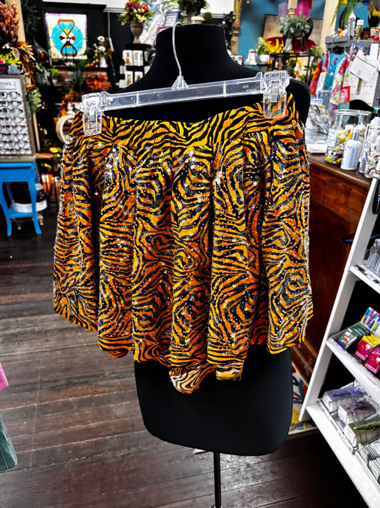 Queen of Sparkles Sequin Tiger Print Ruffle Shorts