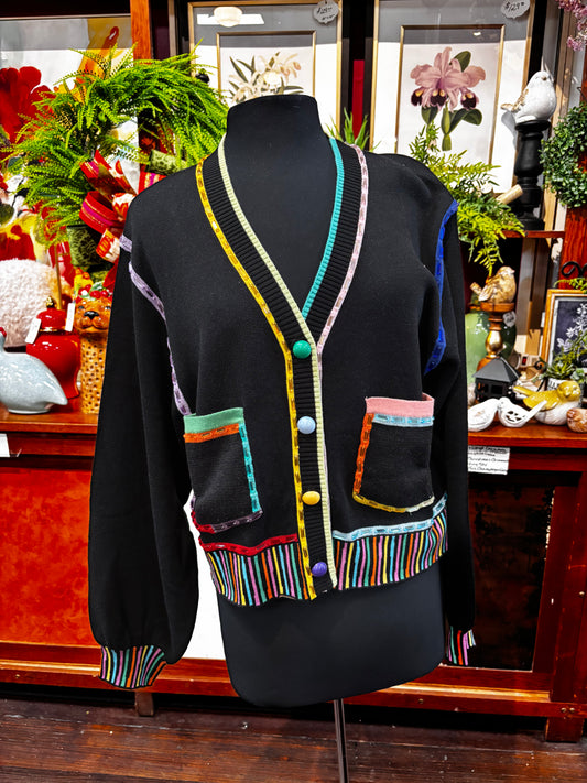 Queen of Sparkles Black Rainbow Trim Button Up Cardigan