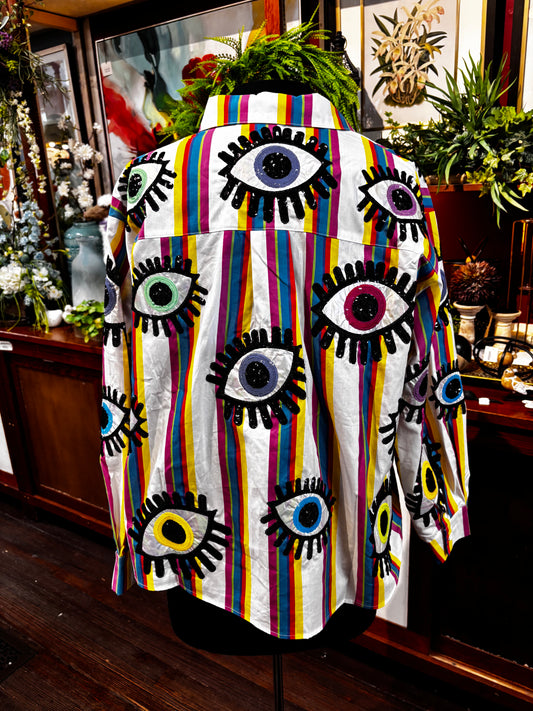Queen of Sparkles Striped Eye Button Cotton Top
