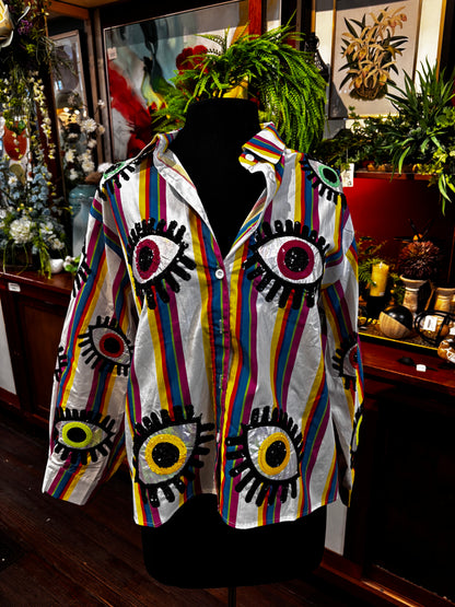 Queen of Sparkles Striped Eye Button Cotton Top