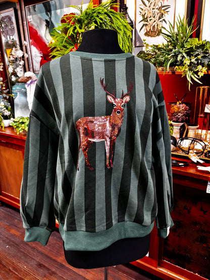 Queen of Sparkles Green Striped Deer Sweatshirt