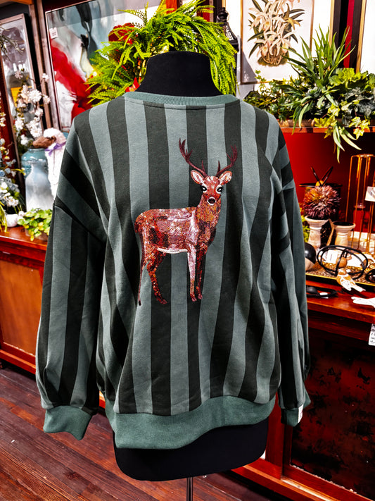 Queen of Sparkles Green Striped Deer Sweatshirt