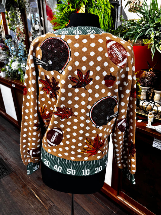 Queen of Sparkles Light Brown Polka Dot Fall Football Button Up Cardigan