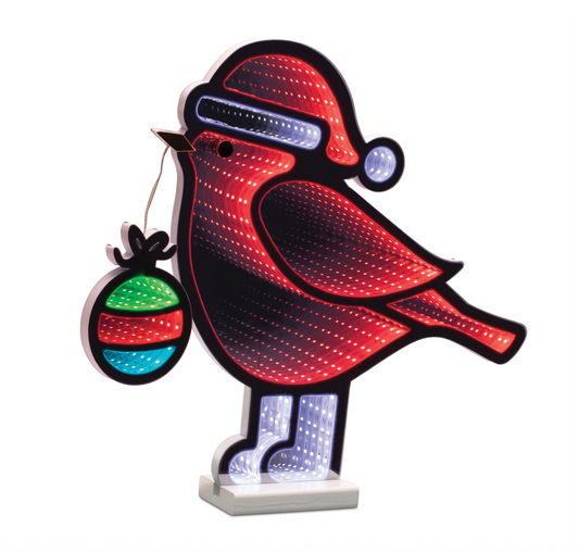 Red Bird with Santa Hat and Ornament Infinity Light, UL Plug In