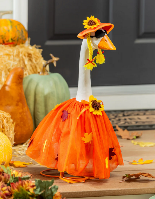 Giddy the Porch Goose Fall Leaf Dress Outfit