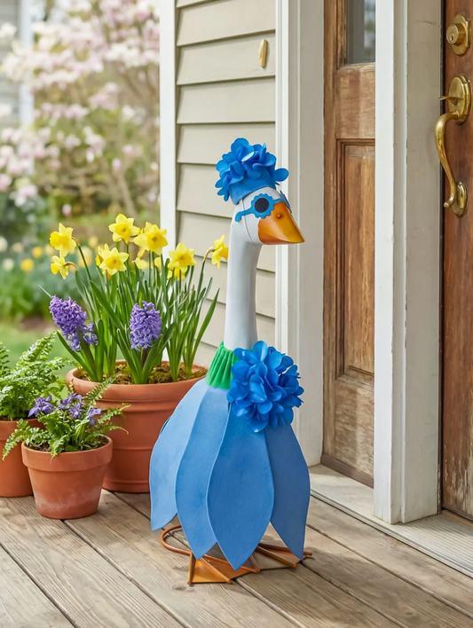 Giddy the Porch Goose Blue Hydrangea Outfit