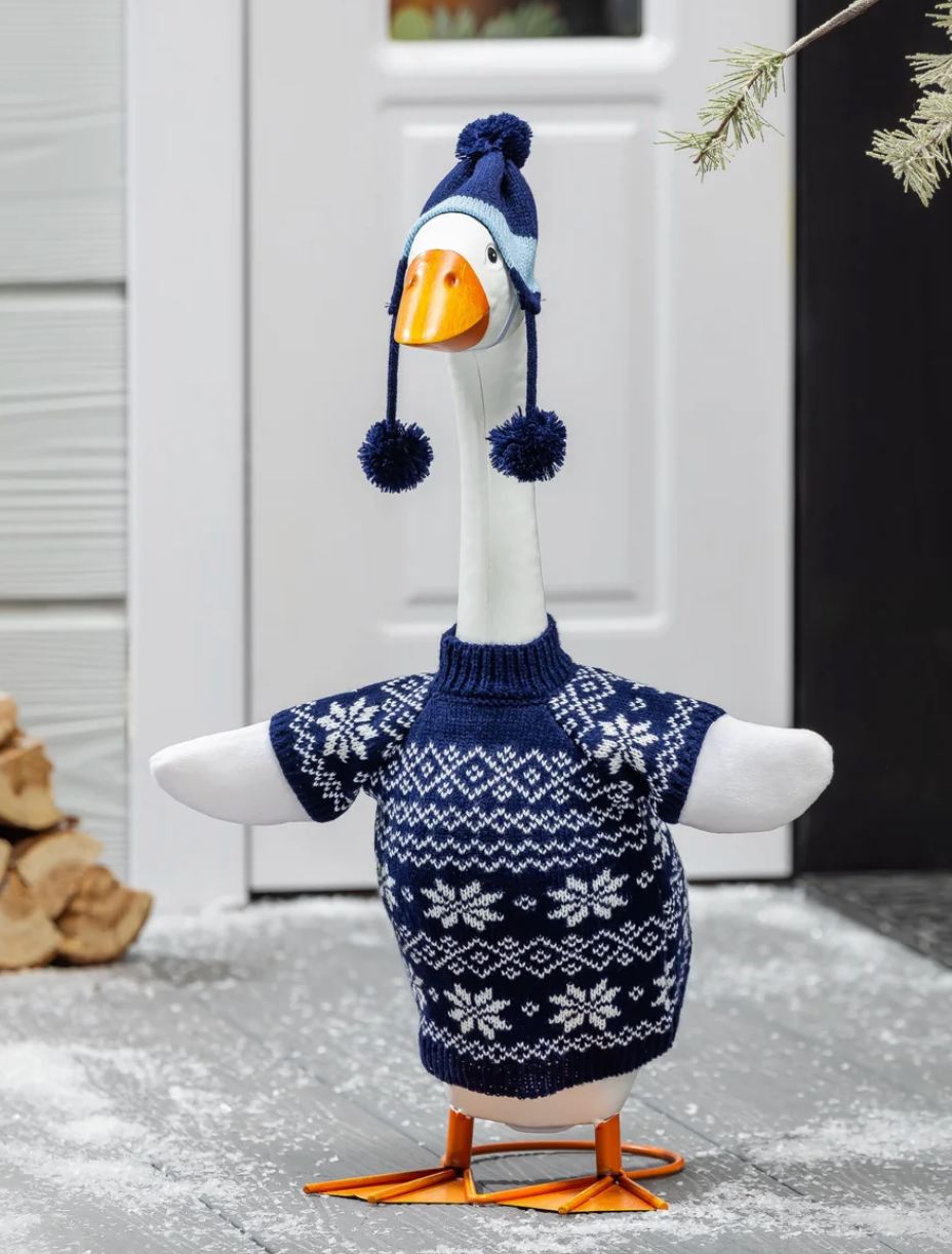 Giddy the Porch Goose Blue Sweater Outfit